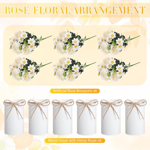 6 Sets Wedding Centerpiece for Table Decoration Artificial Fake Rose Flowers with Metal Vase, Faux Silk Rose Bouquet Floral