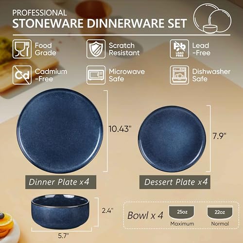12 Pieces Dinnerware Set Stoneware Service for 4, Dinner Plates and Bowls Sets, Double Reactive Glaze Dishes Set for Kitchen,
