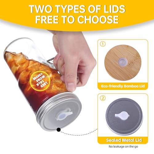 2 Pcs Glass Cups with Lids and Straws, 20oz/600ml Ice Glass Coffee Cups with Lids, Reusable Wide Mouth Tumbler with Handle &
