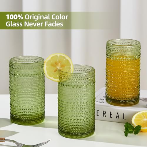 16oz Hobnail Drinking Glasses Set of 6, Vintage Large Capacity Embossed Green Tumblers, Highball Glasses for Water, Cocktail,