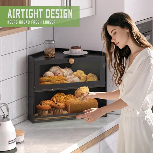 Black Corner Bread Box for Kitchen Countertop, Large Bread Container Storage Bamboo Wooden Farmhouse Bread Box with Window Bread