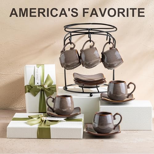 3oz Coffee Espresso Cups with Saucers Set of 6, Ceramic Small Coffee Cups with Holder and Spoons, Cute Demitasse Cups for