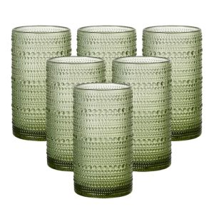 16oz Hobnail Drinking Glasses Set of 6, Vintage Large Capacity Embossed Green Tumblers, Highball Glasses for Water, Cocktail,