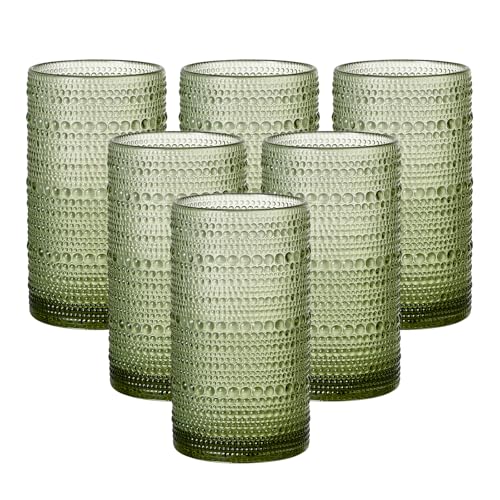 16oz Hobnail Drinking Glasses Set of 6, Vintage Large Capacity Embossed Green Tumblers, Highball Glasses for Water, Cocktail,