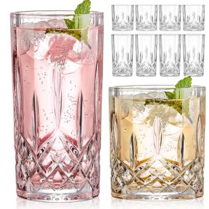 Drinking Glasses, 8 Piece Crystal Glass Cups, Mixed Glassware Set, 4 pcs Crystal Old Fashioned 11oz Highballs and 4 pcs 11oz