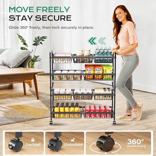 Cinati 4-Tier Kitchen Storage Cart, Adjustable Rolling Pantry Storage Cart with 10 Baskets & Handle, 29''L Metal Snack Cart with