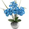 Orchids Artificial Flowers, 20'' Blue Faux Orchid Flowers with Silver Vase Fake Phalaenopsis Silk Flowers for Home Coffee Table
