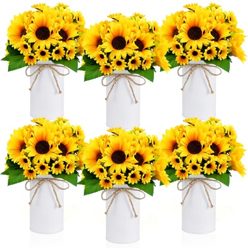 6 Sets Fake Sunflower Centerpiece Table Decorations with 6 Pcs 6 Inch Large Vase and 12 Pcs Sunflower Bouquets Artificial