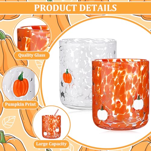 2 Pack Fall Icon Juice Glasses Pumpkin Glass Cups 14 oz Double Old Fashioned Stemless Wine Glasses Cute Glass Drinking Cups for
