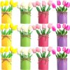 12 Pack Artificial Tulips Bulk with Metal Pots PU Faux Multicolor Tulip Flower in Vase Fake Floral Arrangement Bouquet for
