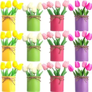 12 Pack Artificial Tulips Bulk with Metal Pots PU Faux Multicolor Tulip Flower in Vase Fake Floral Arrangement Bouquet for
