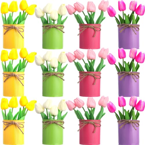 12 Pack Artificial Tulips Bulk with Metal Pots PU Faux Multicolor Tulip Flower in Vase Fake Floral Arrangement Bouquet for