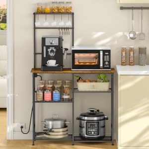 Bakers Rack with Power Outlet, Kitchen Microwave Stand with 10 S-shaped Hooks, 6-Tier Coffee Bar Station, Kitchen Storage Shelf