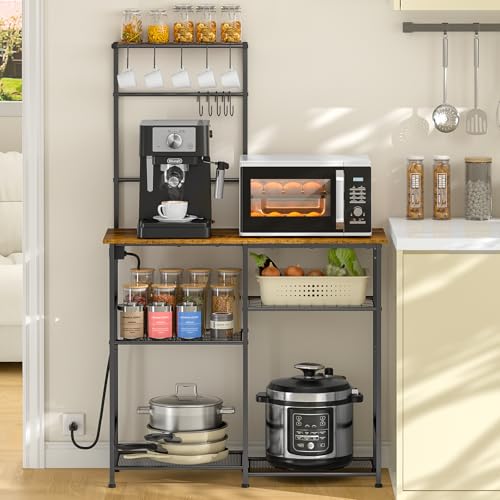 Bakers Rack with Power Outlet, Kitchen Microwave Stand with 10 S-shaped Hooks, 6-Tier Coffee Bar Station, Kitchen Storage Shelf