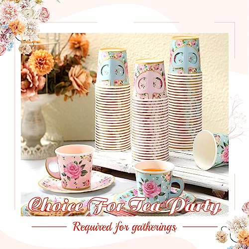 60 Sets Tea Party Decorations Floral Paper Tea Cups with Handle and Plates Disposable Blossom Teacups and Saucers Sets with Tape