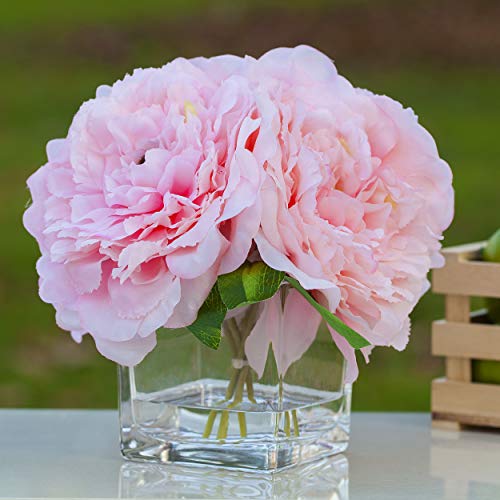 Artificial Peony Flowers Arrangements in Cube Glass Vase with Faux Water for Home Table Wedding Centerpiece Decor (Pink)