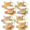Tea Cups and Saucers Set of 8, 8 OZ Floral Tea Cup with Saucer, Vintage Tea Cups Porcelain Tea Set with Spoon for Latte, Mocha,
