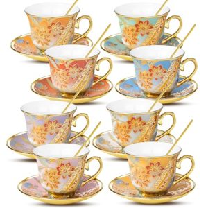 Tea Cups and Saucers Set of 8, 8 OZ Floral Tea Cup with Saucer, Vintage Tea Cups Porcelain Tea Set with Spoon for Latte, Mocha,