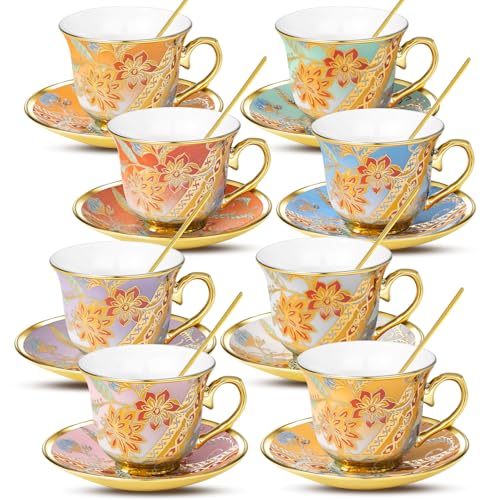 Tea Cups and Saucers Set of 8, 8 OZ Floral Tea Cup with Saucer, Vintage Tea Cups Porcelain Tea Set with Spoon for Latte, Mocha,