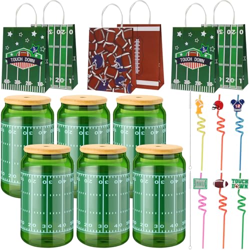 20 Pcs 13.5 oz Football Drinking Glasses Christmas Gift Bag Set with Lids and Straws Birthday Party Can Shaped Cups Glass Cups