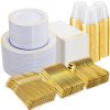 700PCS Gold Plastic Plates - Gold Disposable Dinnerware Set for 100 - Include 200 Dinner/Dessert Plates,300