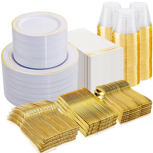 700PCS Gold Plastic Plates - Gold Disposable Dinnerware Set for 100 - Include 200 Dinner/Dessert Plates,300
