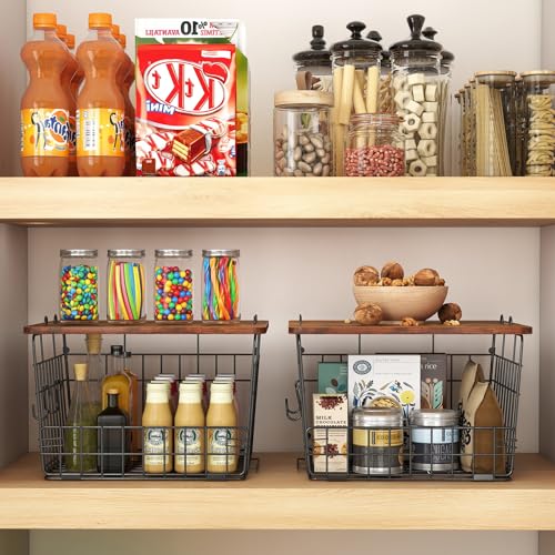 2 Pack Stackable Wire Basket with Wood Top, Pantry Organizer and Storage, Potato Basket Onion Storage for Kitchen Counter, Onion
