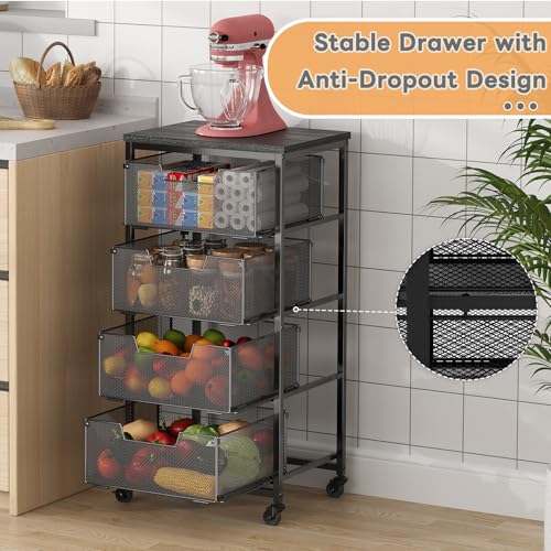 4-Tier Fruit Vegetable Storage Cart - Kitchen Organizer and Storage Cart with Wheels, Wooden Top Metal Wire Fruit Vegetable Rack