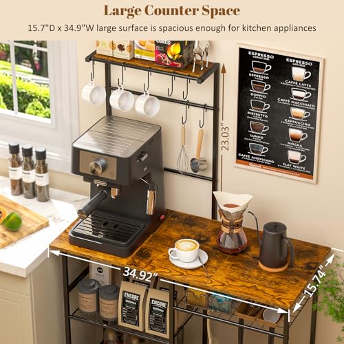 Baker's Rack for Kitchen with Storage, Microwave Stand with Adjustable Shelves and 10 S Hooks, 6-Tier Coffee Bar Station,