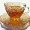Vintage Embossed Sunflower Flower Design Set of Two Amber Pressed Glass Cups and Saucers Set Made of Retro Relief Lead-free