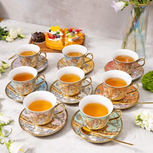 Tea Cups and Saucers Set of 8, 8 OZ Floral Tea Cup with Saucer, Vintage Tea Cups Porcelain Tea Set with Spoon for Latte, Mocha,