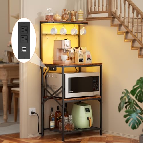 Kitchen Bakers Rack with Power Outlet & LED Lights, Small Coffee Bar Table with Adjustable Storage Shelf, 4 Tiers Microwave