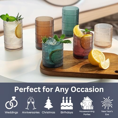 Classic Reusable Plastic Drinking Glasses, Hobnail Shatterproof | 6X 10 OZ Lowball & 6X 13 OZ Highball | Tritan Tumblers,
