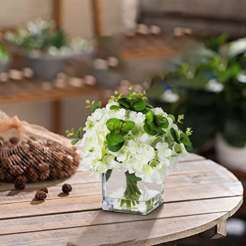 Silk Hydrangea Artificial Flowers with Vase, Mixed Fake White Hydrangea Flowers and Greenery in Faux Water Vase for Dining Table