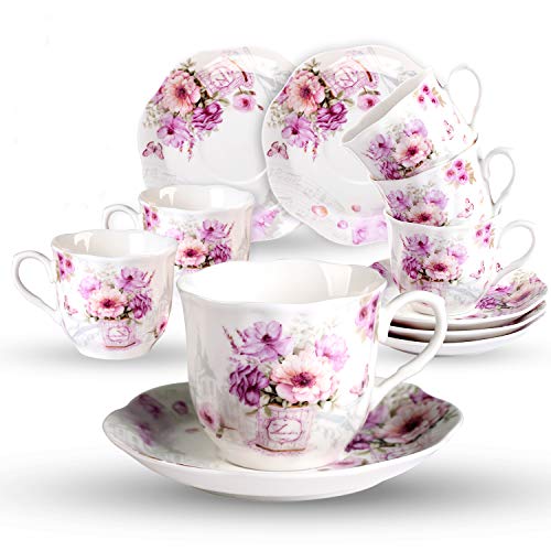 Elegant Tea Cups and Saucers Set of 6 – 7 oz Floral Porcelain Teacup Set for Women – Microwave & Dishwasher Safe – Ideal Gift