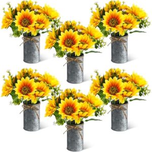 6 Sets Sunflowers Centerpieces for Tables Artificial Sunflower with Vase Rustic Faux Flower for Home Summer Spring Kitchen Decor