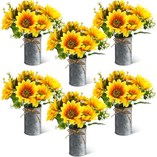6 Sets Sunflowers Centerpieces for Tables Artificial Sunflower with Vase Rustic Faux Flower for Home Summer Spring Kitchen Decor
