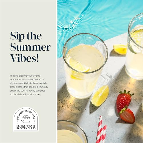 Highball Drinking Glasses Set of 10 Glass Cups by Home Essentials, 17 Oz. Glassware, for Water, Juice, Cocktails, Iced Tea