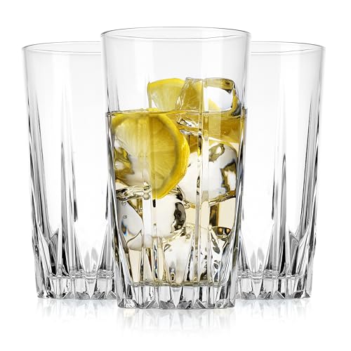 Highball Glass Cups. Set of 10 Elegant Diamond Cut Drinking Glasses. Classic 15 oz Bar Glasses. Tall Kitchen Glass for Water,