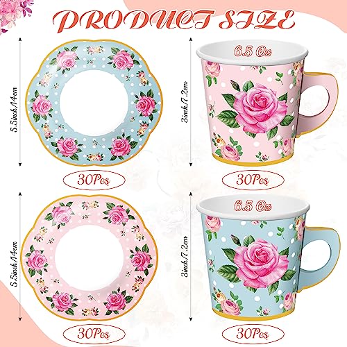 60 Sets Tea Party Decorations Floral Paper Tea Cups with Handle and Plates Disposable Blossom Teacups and Saucers Sets with Tape