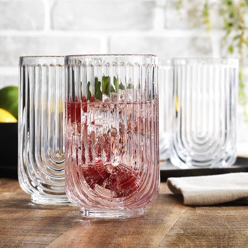 Drinking Glasses Set of 4. 17oz Vintage Ripple Cocktail Glasses, Ribbed Highball Glass Cups. Arch Designed Art Deco Glassware