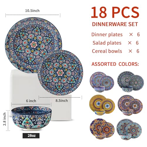 18 Pieces Kitchen Dinnerware Sets Service for 6, Bohemian Style Plates and Bowls Set, Ceramic Vintage Tableware Dishes Set,
