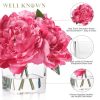 Artificial Peonies Flowers Arrangements in Cube Glass Vase, WELLKNOWN Silk Flower Centerpieces for Dining Room Table, Coffee