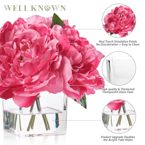 Artificial Peonies Flowers Arrangements in Cube Glass Vase, WELLKNOWN Silk Flower Centerpieces for Dining Room Table, Coffee