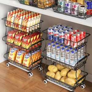 3-Tier Rolling Pantry Floor Organizer and Storage Cart with Wheels, Stackable Wire Pantry Baskets for Pantry Shelves, Kitchen