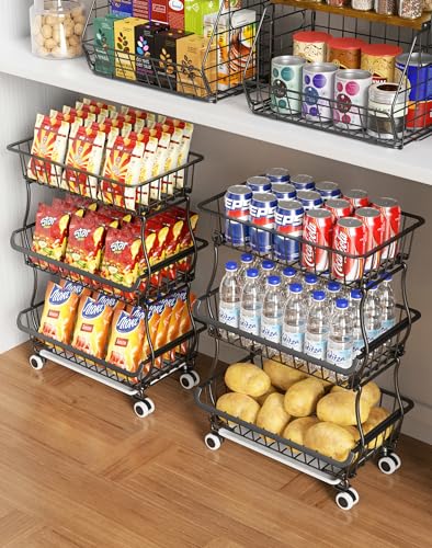 3-Tier Rolling Pantry Floor Organizer and Storage Cart with Wheels, Stackable Wire Pantry Baskets for Pantry Shelves, Kitchen