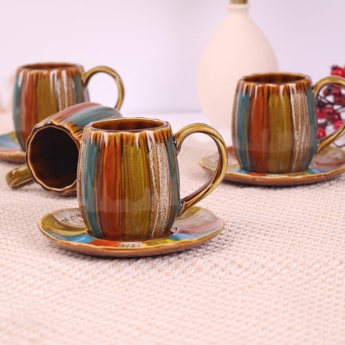 12 Pieces Fine Porcelain Brone Color Glazed Hand-drawn Tea Cups and Saucers,Classical Art Rainbow Pattern 7oz Tea Cup set for 6