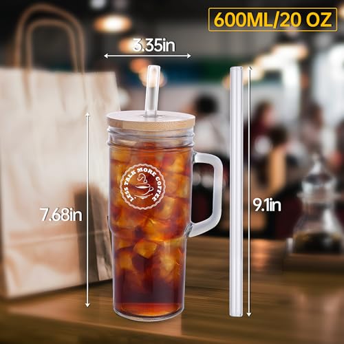 2 Pcs Glass Cups with Lids and Straws, 20oz/600ml Ice Glass Coffee Cups with Lids, Reusable Wide Mouth Tumbler with Handle &
