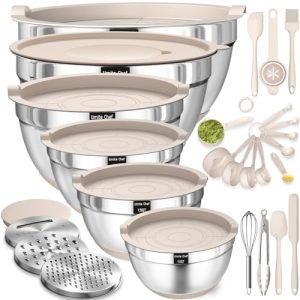 Mixing Bowls with Airtight Lids Set, 26PCS Stainless Steel Khaki Bowls with Grater Attachments, Non-Slip Bottoms & Kitchen