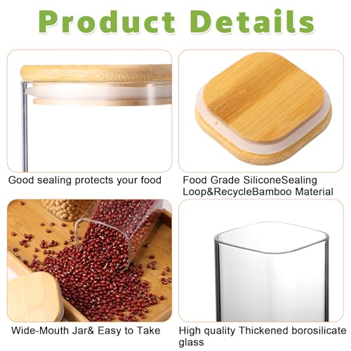 12 Pcs 24 Pcs Square Pantry Glass Storage Jars with Bamboo Lids 4 Sizes Food Storage Containers Clear Stackable Canisters